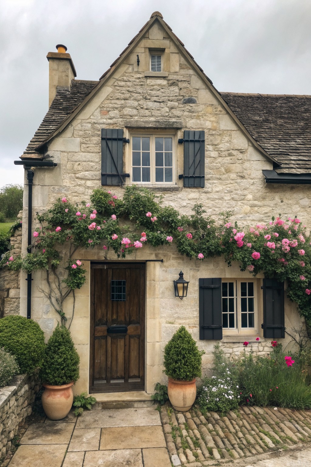 A stone farmhouse exterior featuring dark shutters on multiple windows, a wooden front door, and climbing pink roses along the walls.
