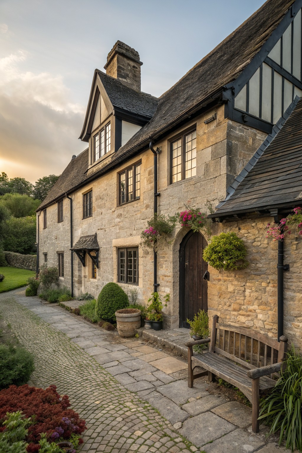 A stone farmhouse exterior with dark trim outlining the windows, doors, and roof edges, along with a wooden bench and potted plants near the entrance.