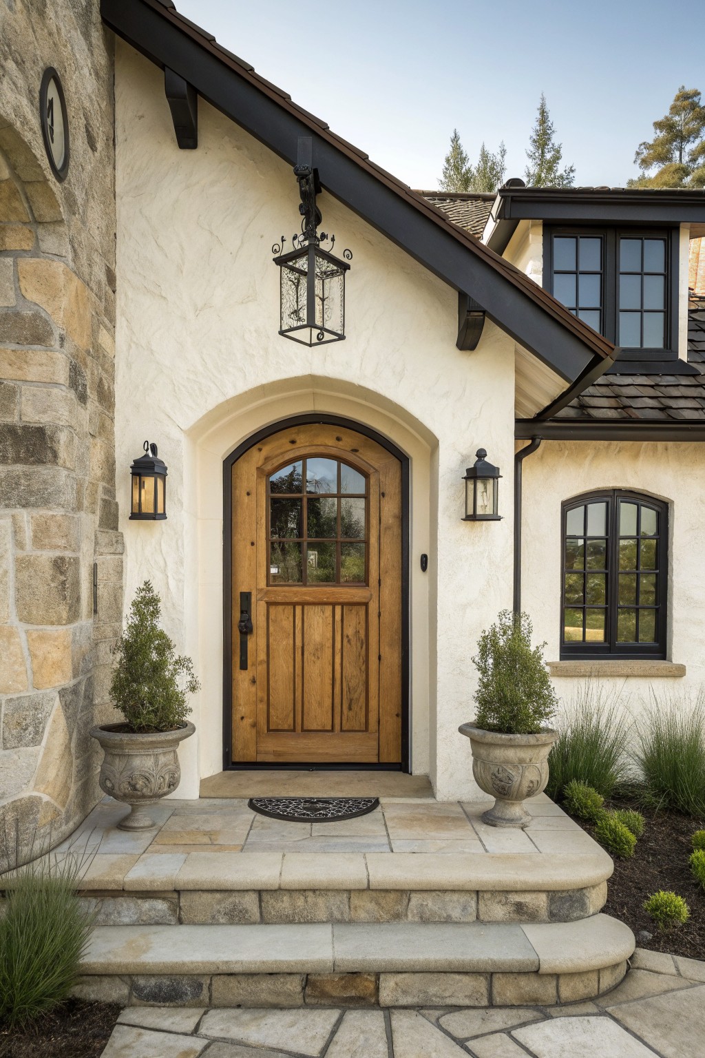 A front view of a European farmhouse exterior showing an arched wooden door with dark trim, wall-mounted lanterns, stone and stucco walls, and potted plants beside the entry steps.