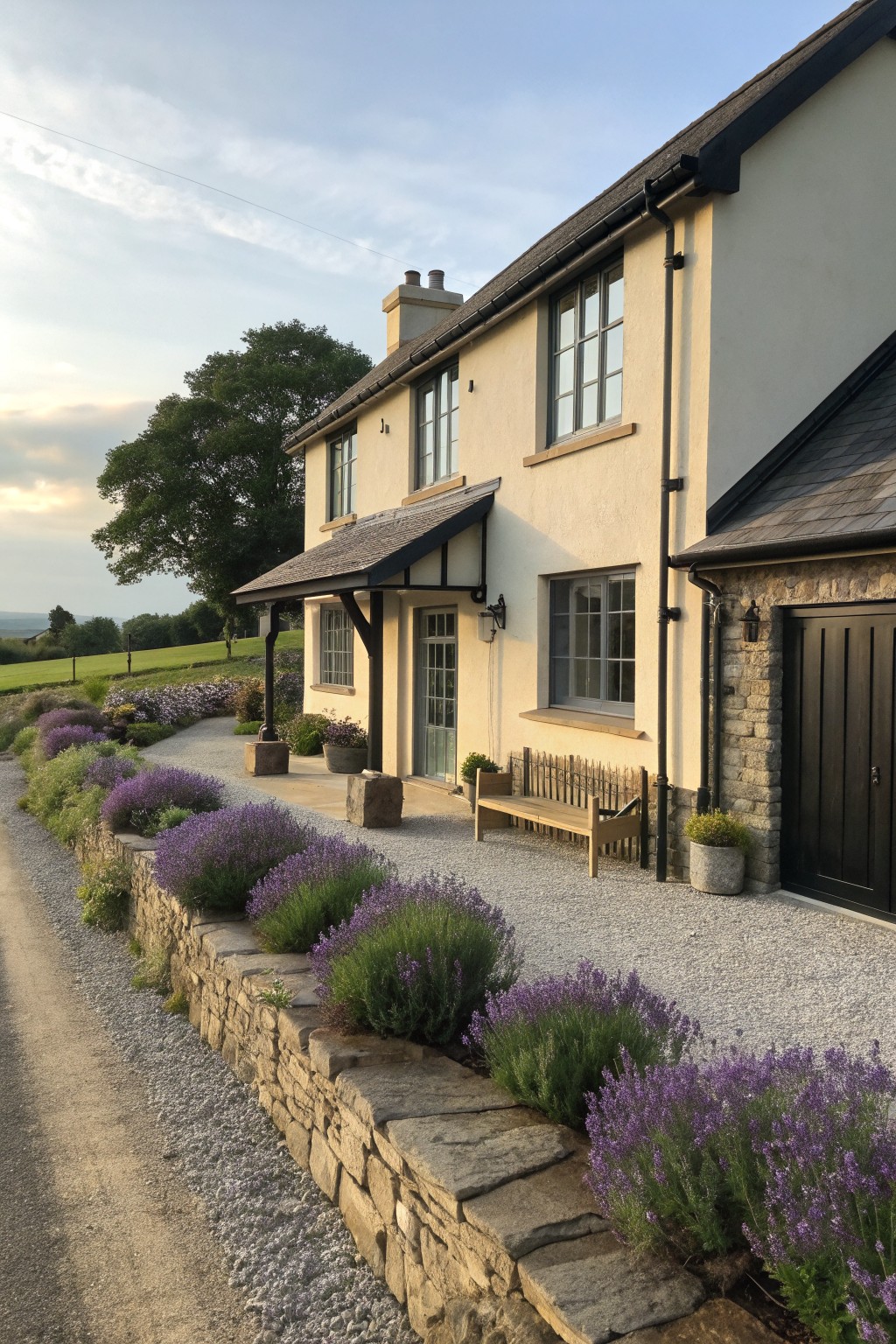 A light-colored two-story farmhouse exterior with dark trim on windows and roof edges, a gravel forecourt, and lavender along a low stone wall.