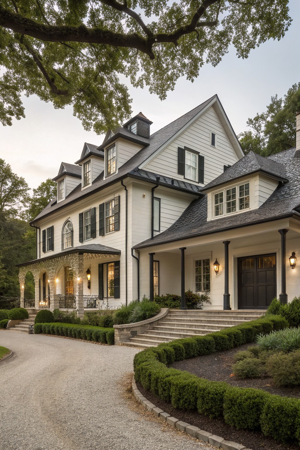 A large white two-story farmhouse exterior with dark trim, black shutters, a covered front porch, and stone steps leading from a gravel driveway.