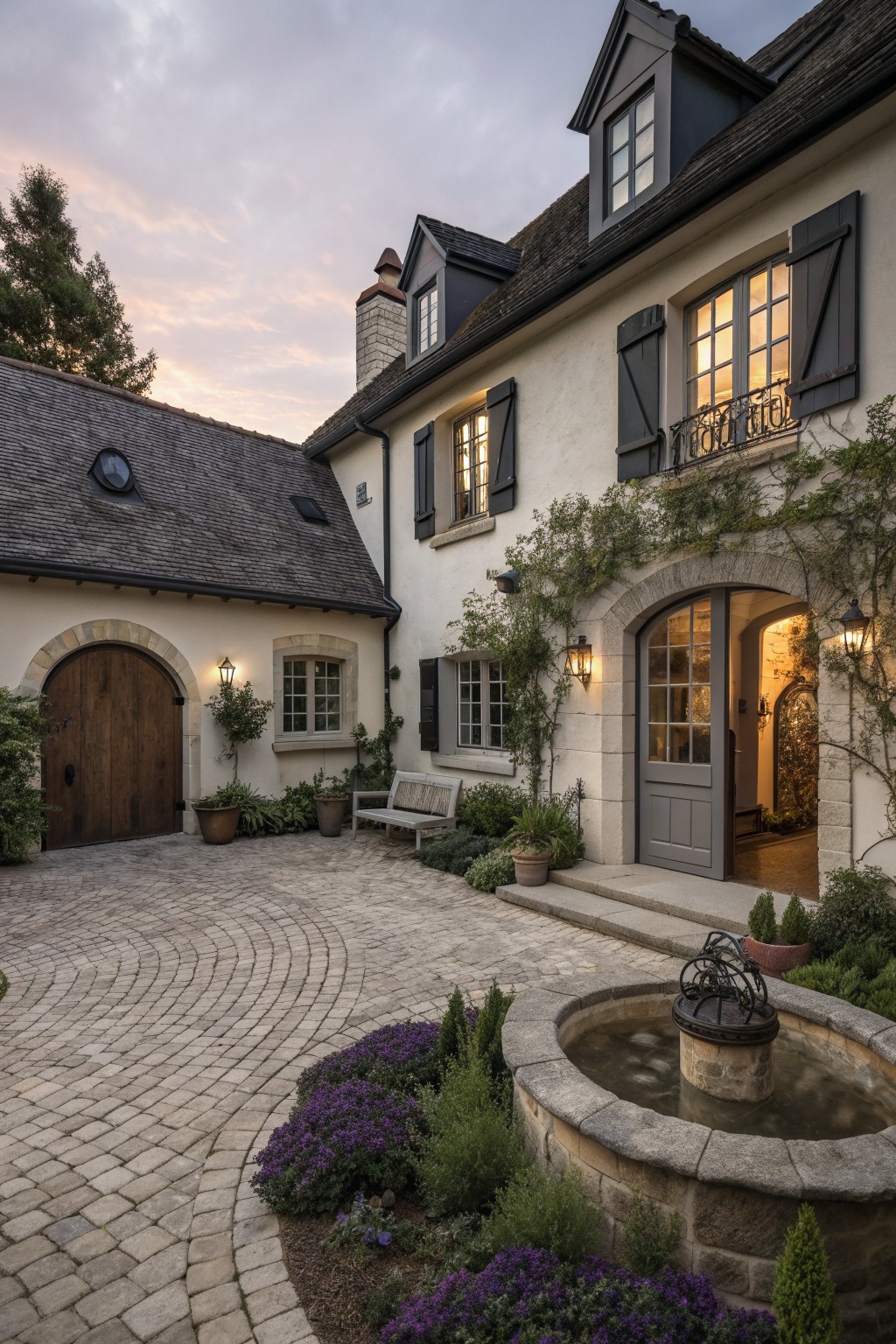 Charming French country house with cobblestone courtyard, stone fountain, and purple flowers at dusk.