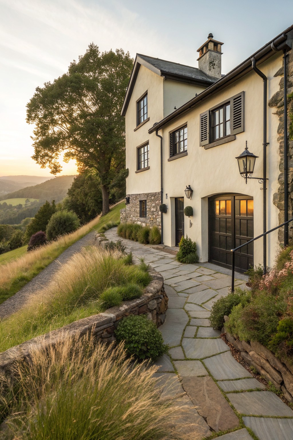 A light-colored two-story European farmhouse exterior with dark window trim, dark shutters, and a dark garage door, viewed from a stone pathway at dusk.