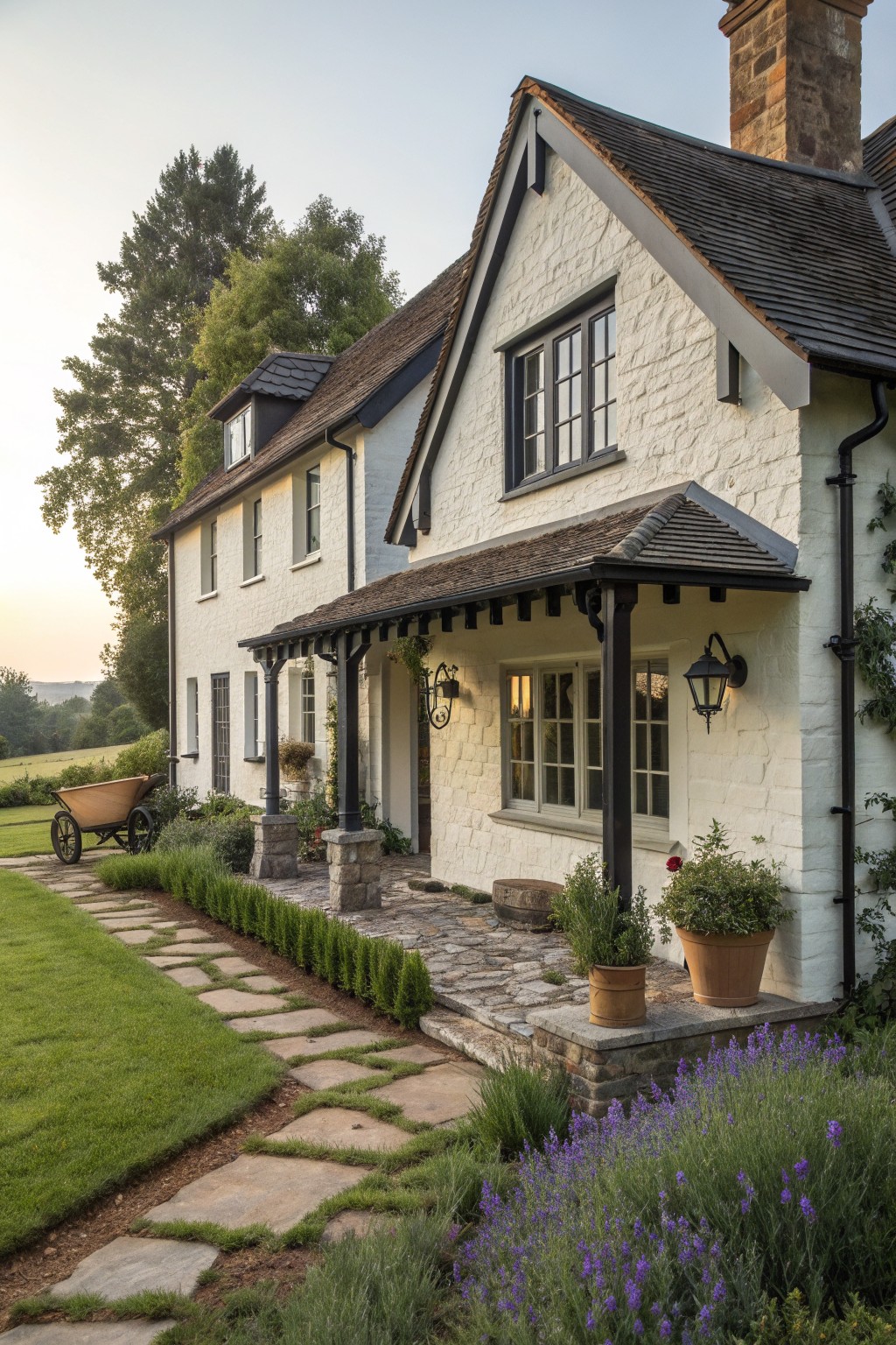 A white stone farmhouse exterior with dark trim on windows, porch posts, and roof edges, featuring a cobblestone path and potted plants in front.