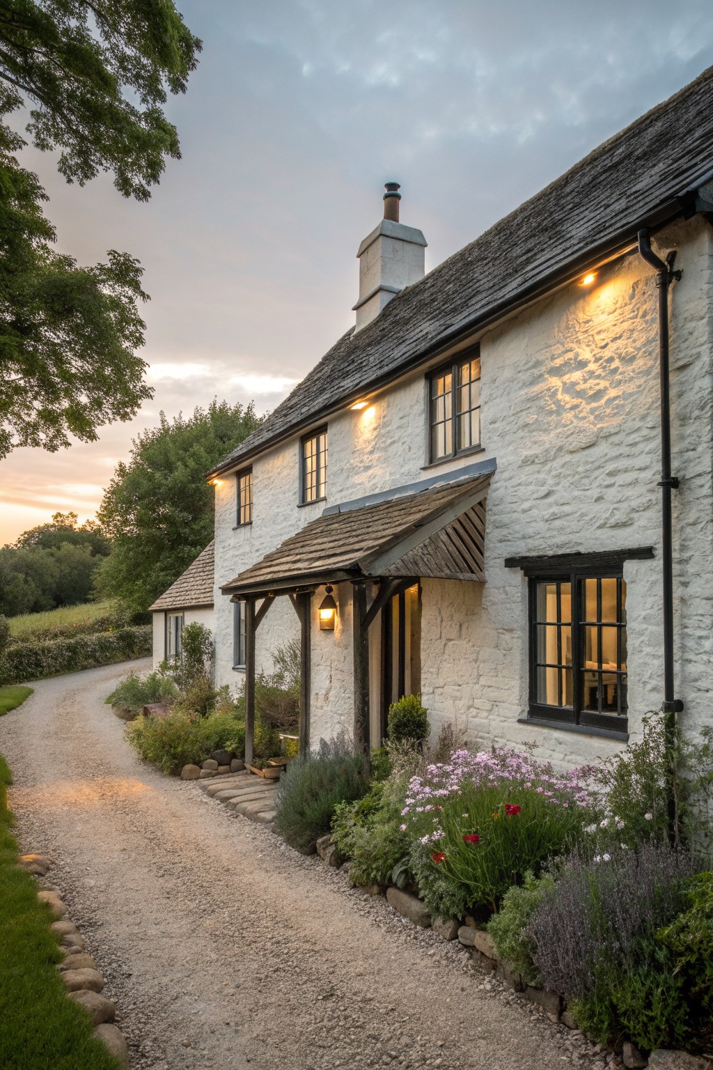 A white stone farmhouse exterior with dark trim around multiple windows and a gravel path leading to the entrance.