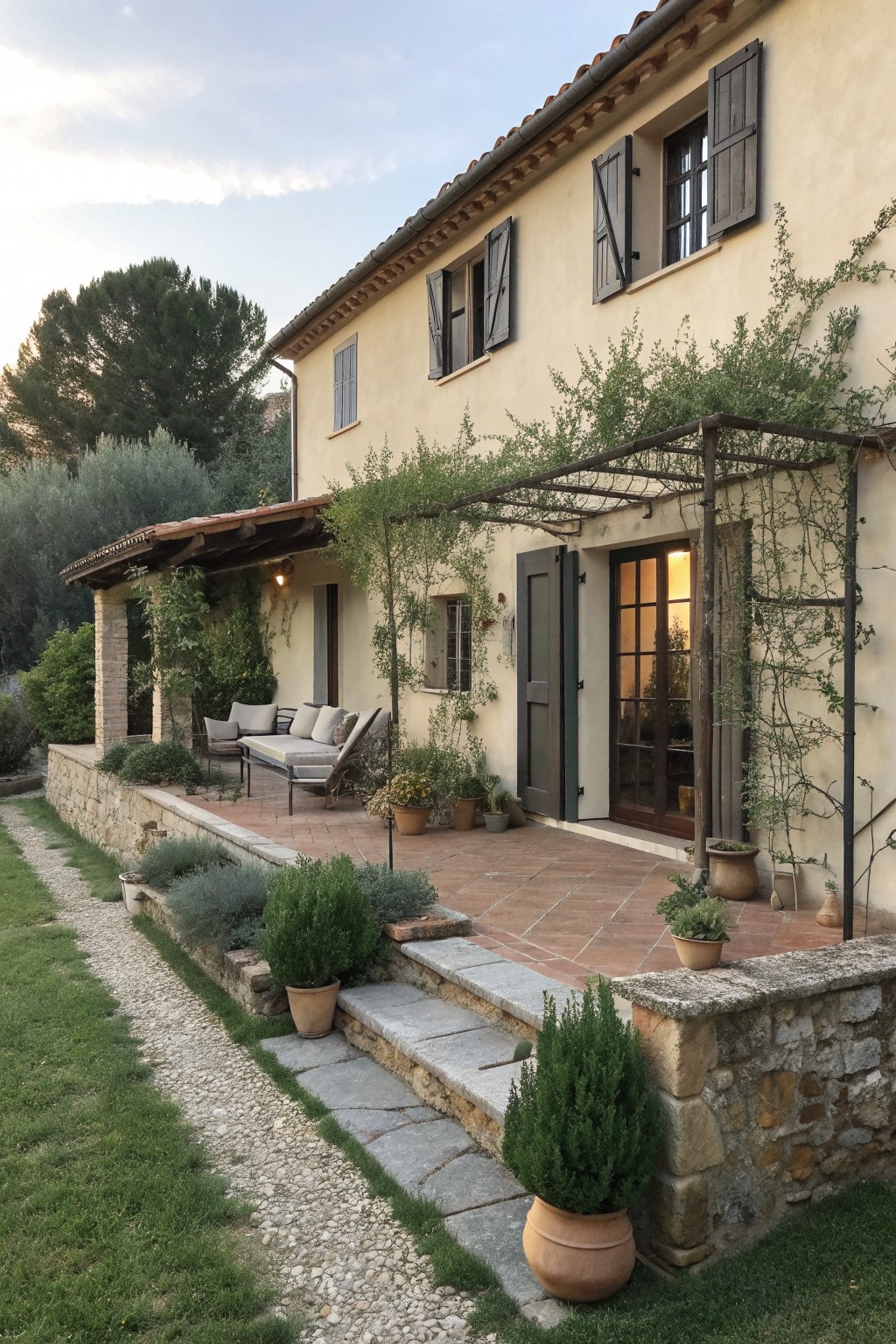 A light stucco European farmhouse exterior with dark wooden shutters and trim around the windows and doors, a terracotta patio, and climbing vines on a pergola.