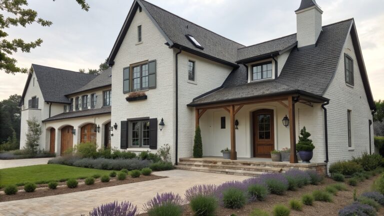 A two-story European farmhouse exterior with white stucco walls, dark trim on windows and roof edges, stone accents around the entry, and a wooden front door with stone steps.