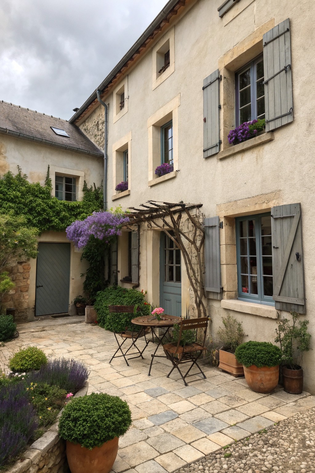 A light stucco farmhouse exterior with gray shutters, a blue door, climbing purple flowers, and a paved courtyard with potted plants and a small table and chairs.