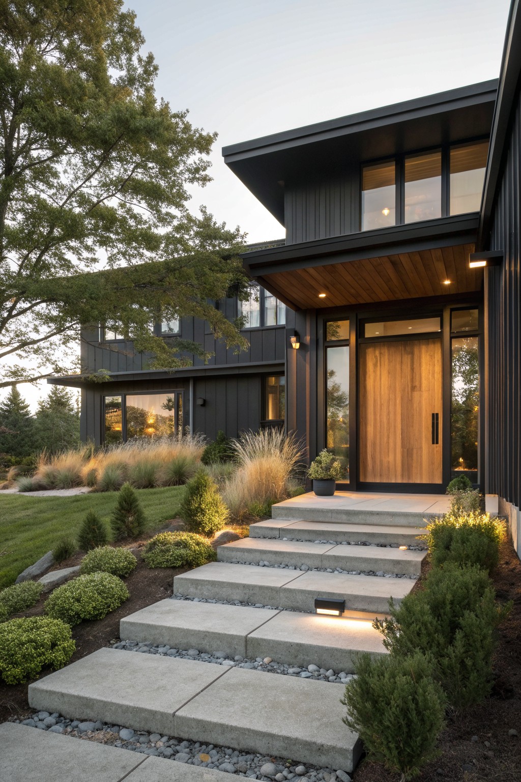 Modern dark house with wooden door, lit concrete steps, and lush landscaping at dusk