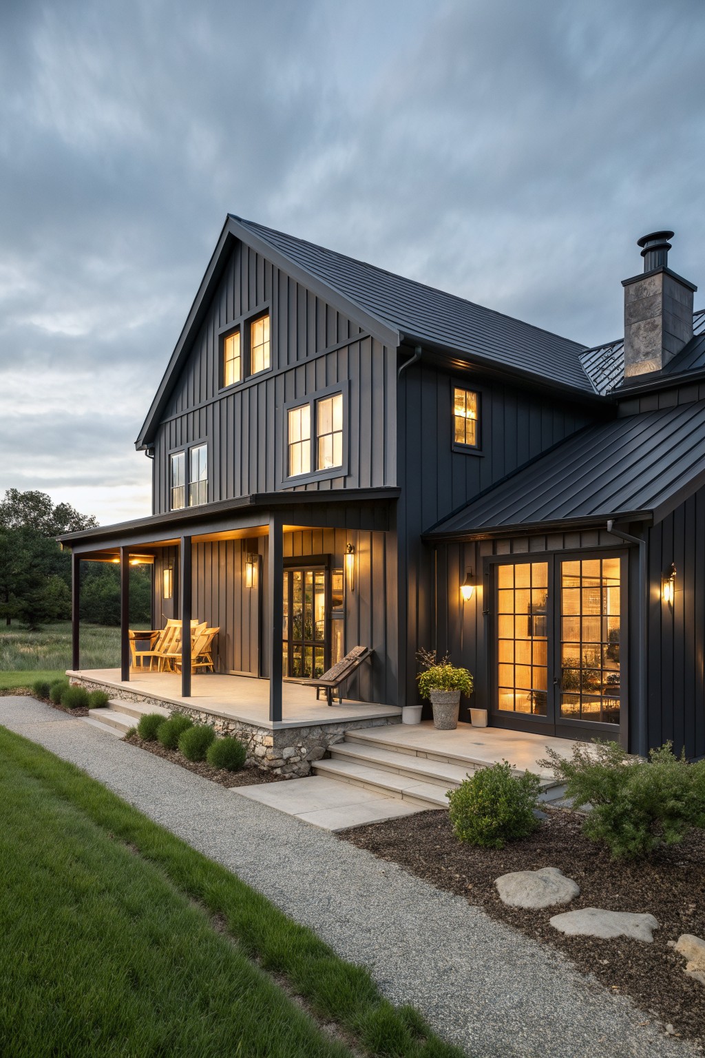 Modern black farmhouse with glowing windows, porch furniture, and gravel path at dusk.