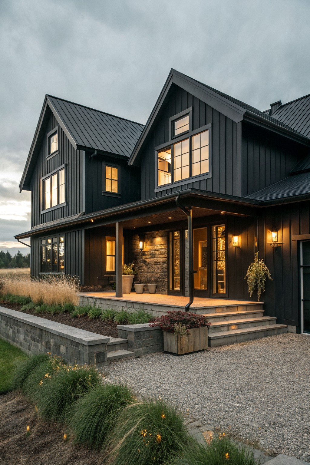 A two-story dark modern farmhouse with black vertical siding, a covered porch with stone base, lit windows, and a gravel driveway.