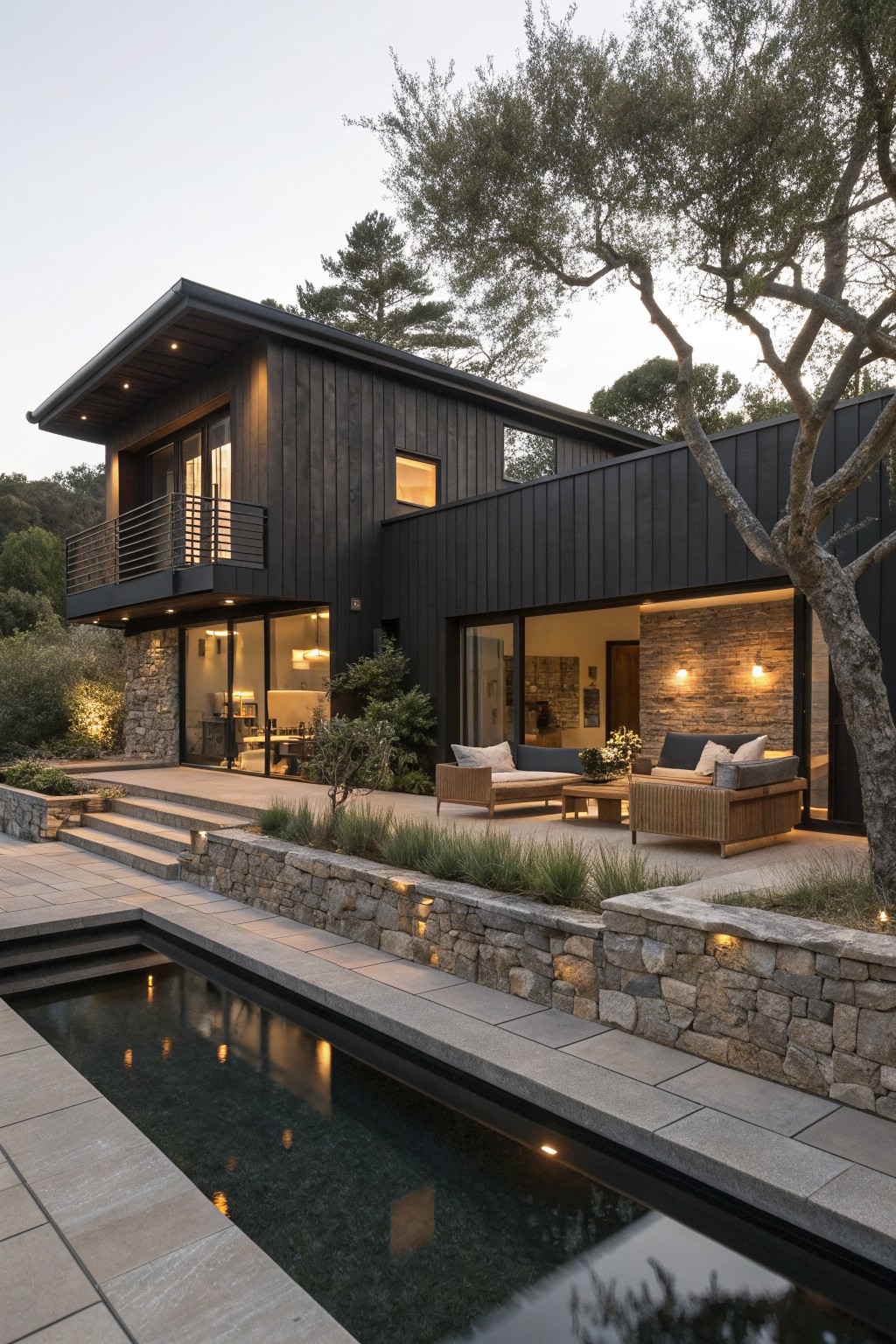 Modern two-story house with dark vertical wood siding, stone base, large glass doors, outdoor seating area, and rectangular pool in the foreground.