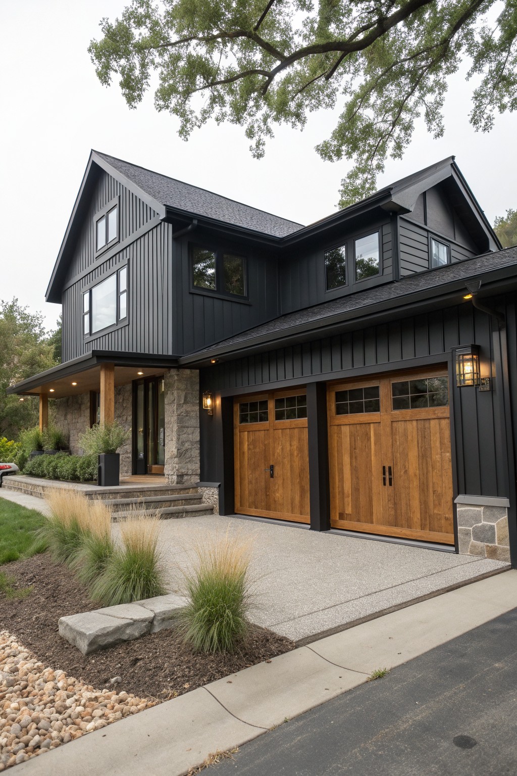 A two-story modern farmhouse with dark siding, wooden garage doors, stone foundation, and a covered front entry.