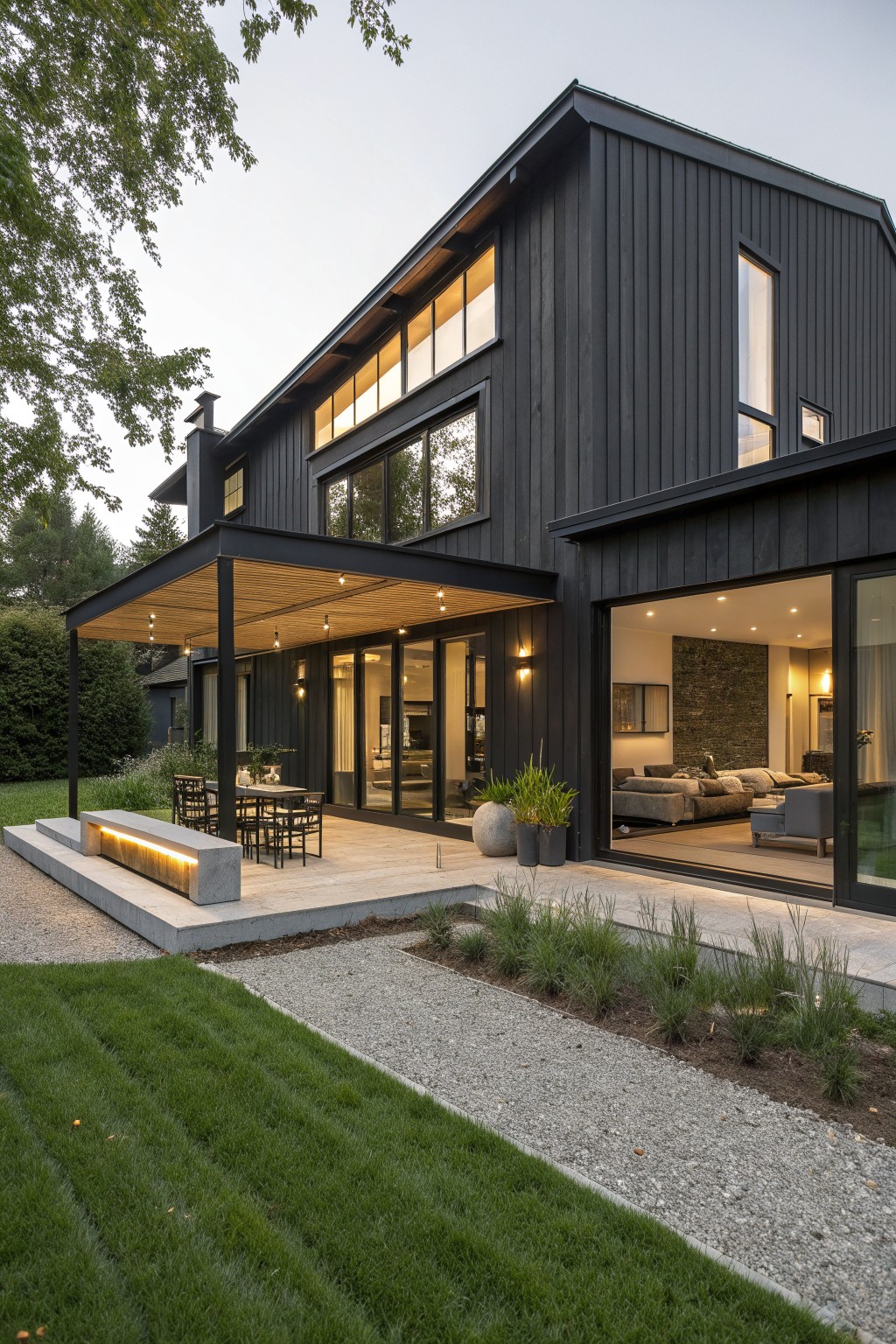 Modern black house with large windows, lit patio, outdoor furniture, and landscaped garden.