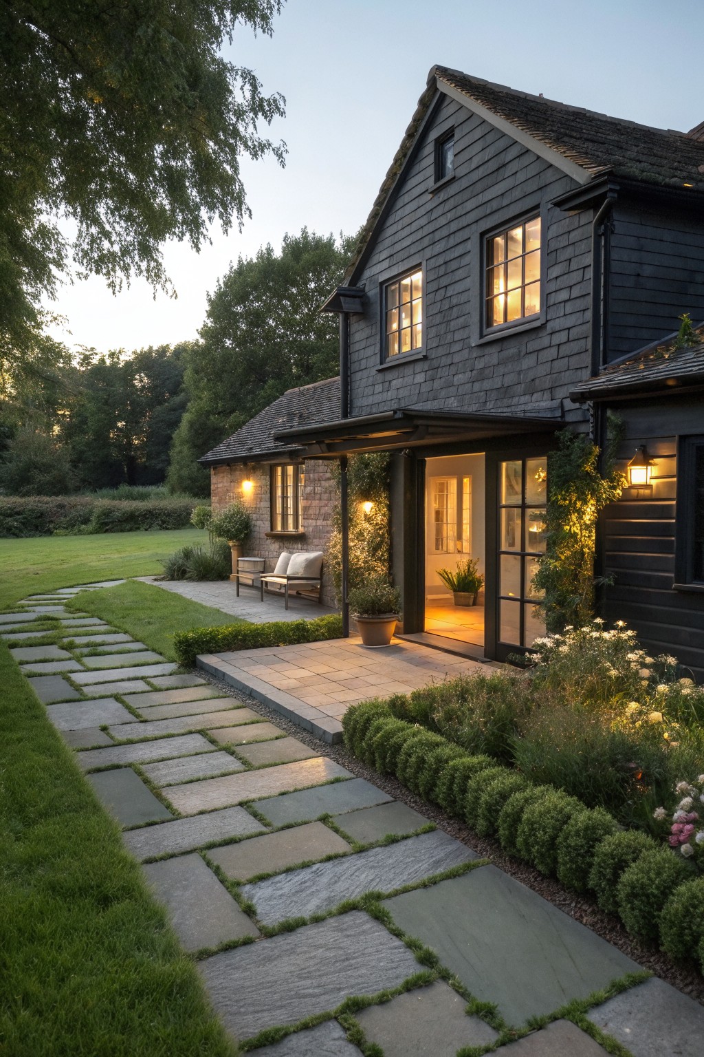 Stone path to dark shingled house with glowing windows and garden patio at dusk