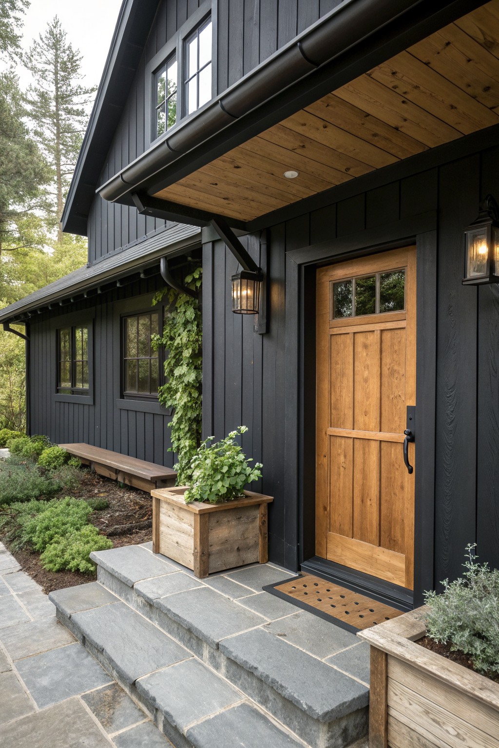 A modern farmhouse exterior with black siding, a prominent natural wood front door, stone steps, and wood planters.