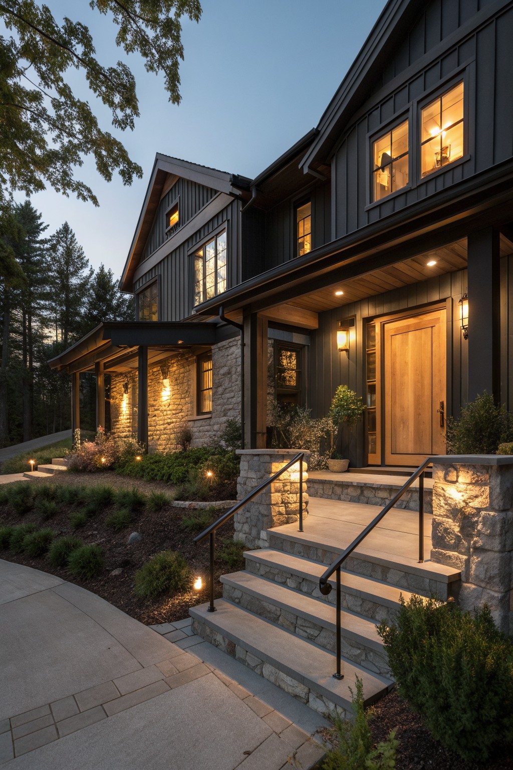 Dark modern house with stone steps, glowing windows, and twilight landscaping.