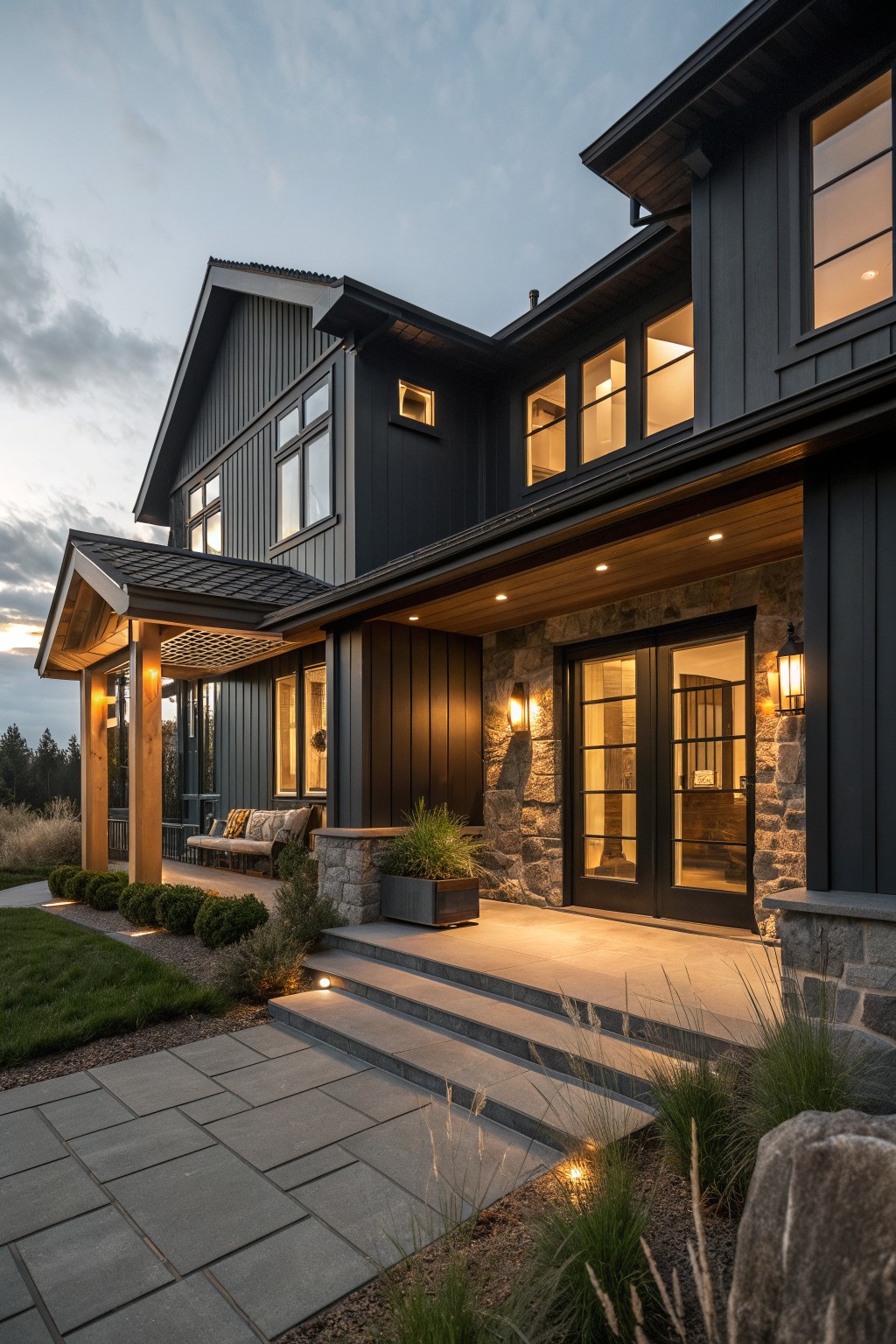 A modern farmhouse exterior at dusk with dark siding, stone accents around the entry, black double doors, and warm exterior lighting.
