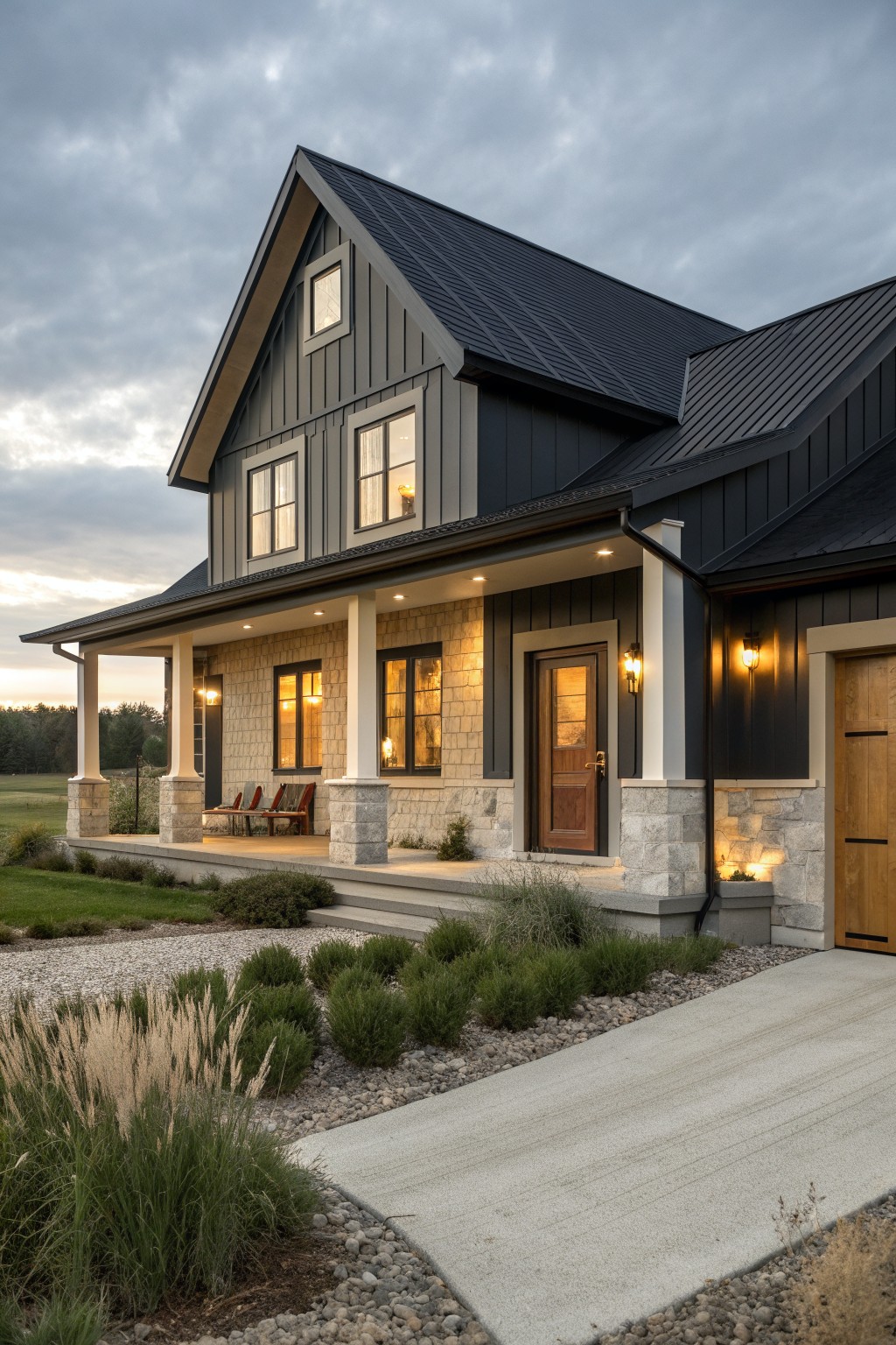 Modern farmhouse with dark siding, stone accents, lit porch, and gravel landscaping at dusk