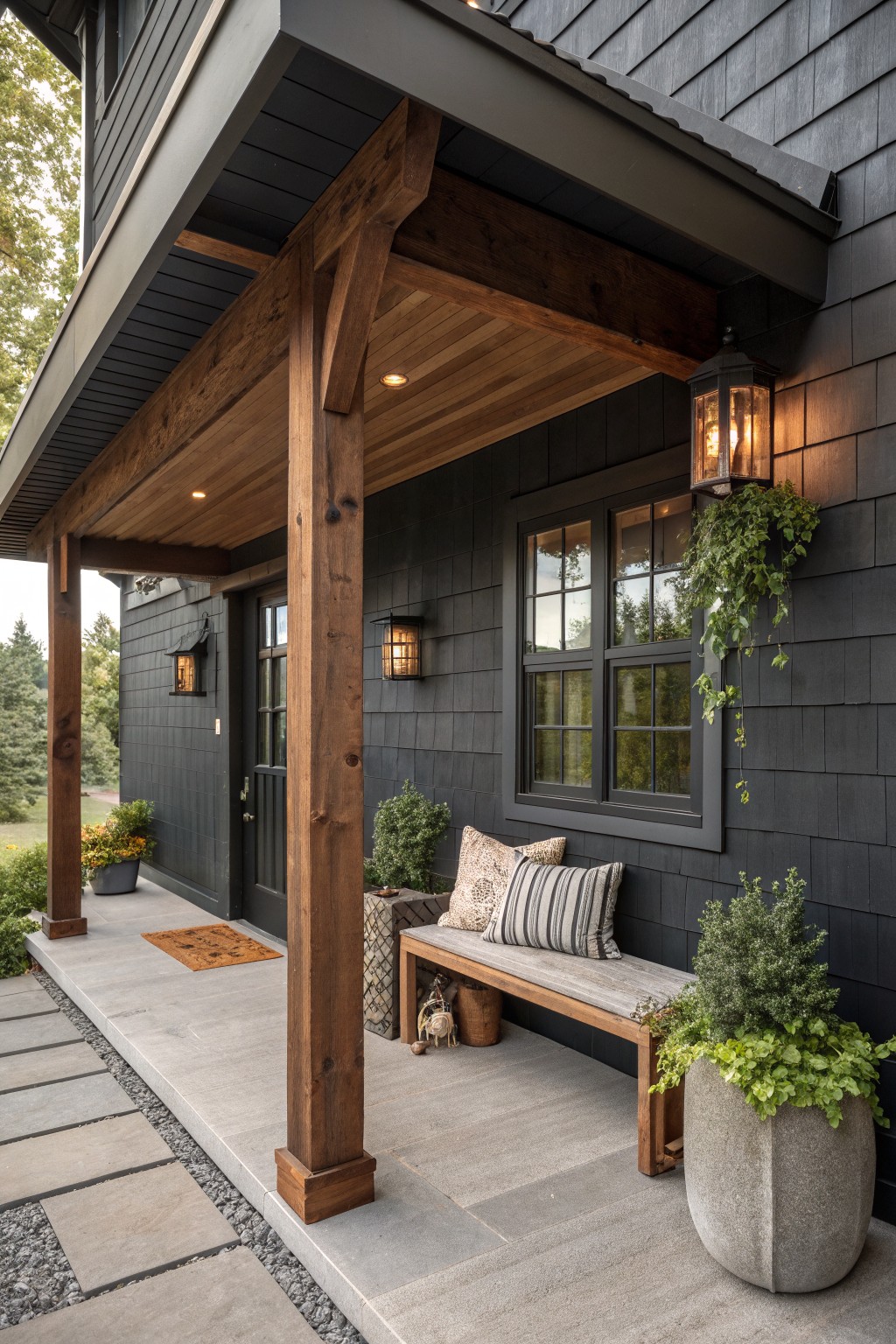 A dark modern farmhouse exterior with a covered porch supported by thick wooden posts and beams, a wooden bench with pillows, a window, a lantern, and potted plants along the front.