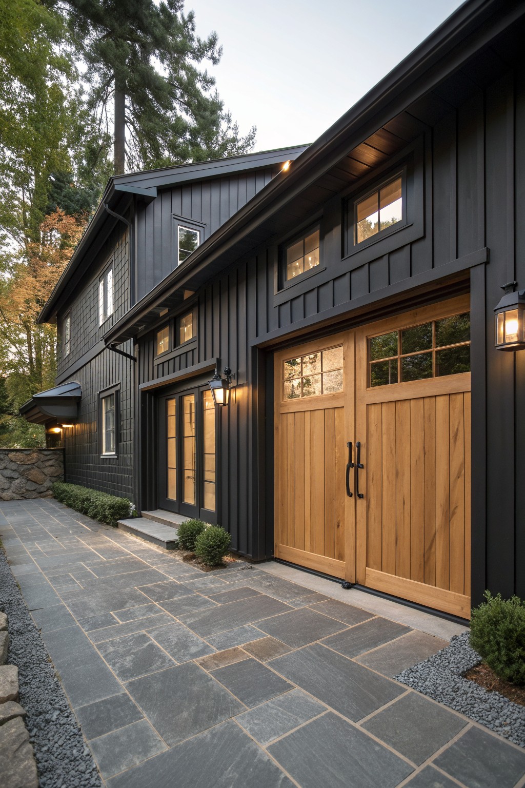 Dark modern farmhouse exterior with black vertical siding, two large wood garage doors, smaller wood entry doors, and a stone paver driveway.
