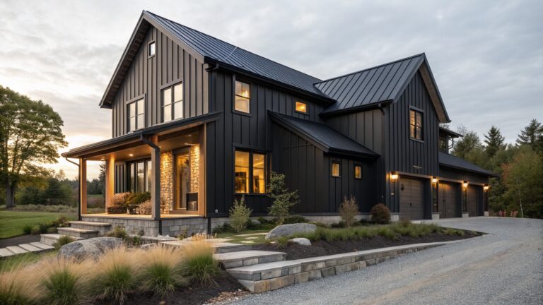 A two-story modern farmhouse with dark siding, a metal roof, stone accents on the porch, and a gravel path leading to wooden steps.
