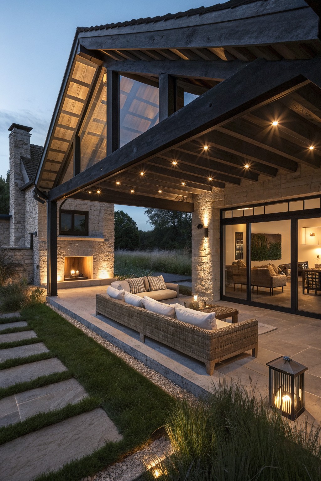 A dark modern farmhouse exterior at dusk showing a covered stone patio with woven outdoor sofas, a fireplace, and small lights mounted along the dark wood ceiling beams.