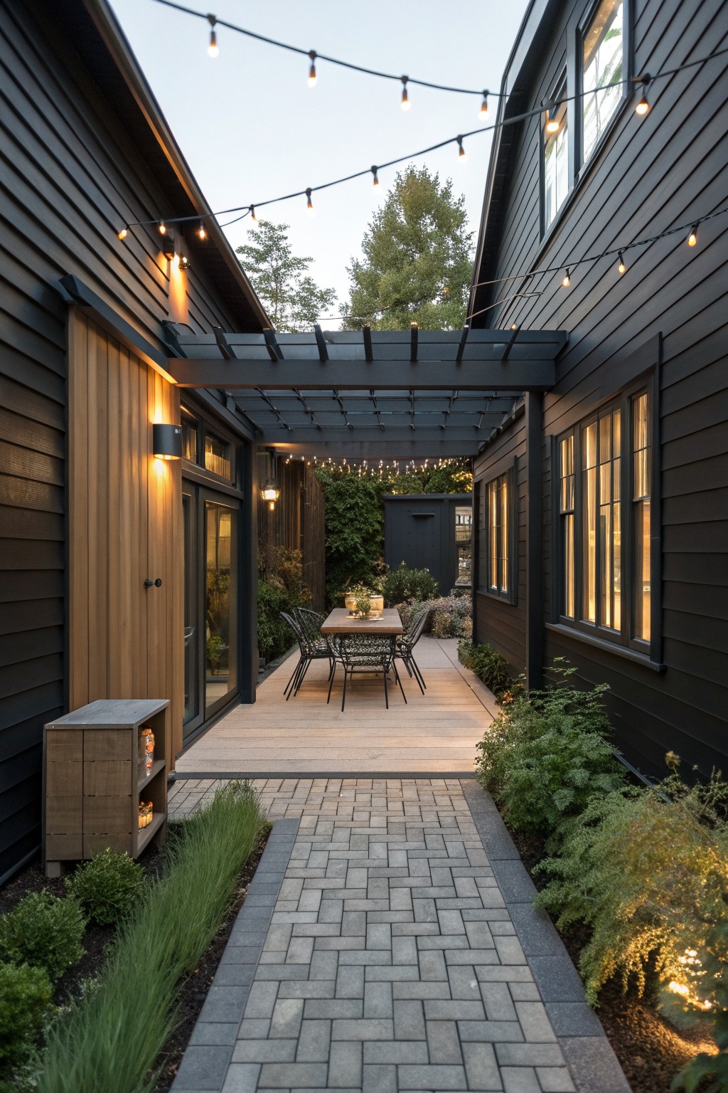 A narrow outdoor patio between two dark houses with a black pergola overhead, string lights, a dining table and chairs on wood decking, and a brick path in the foreground.