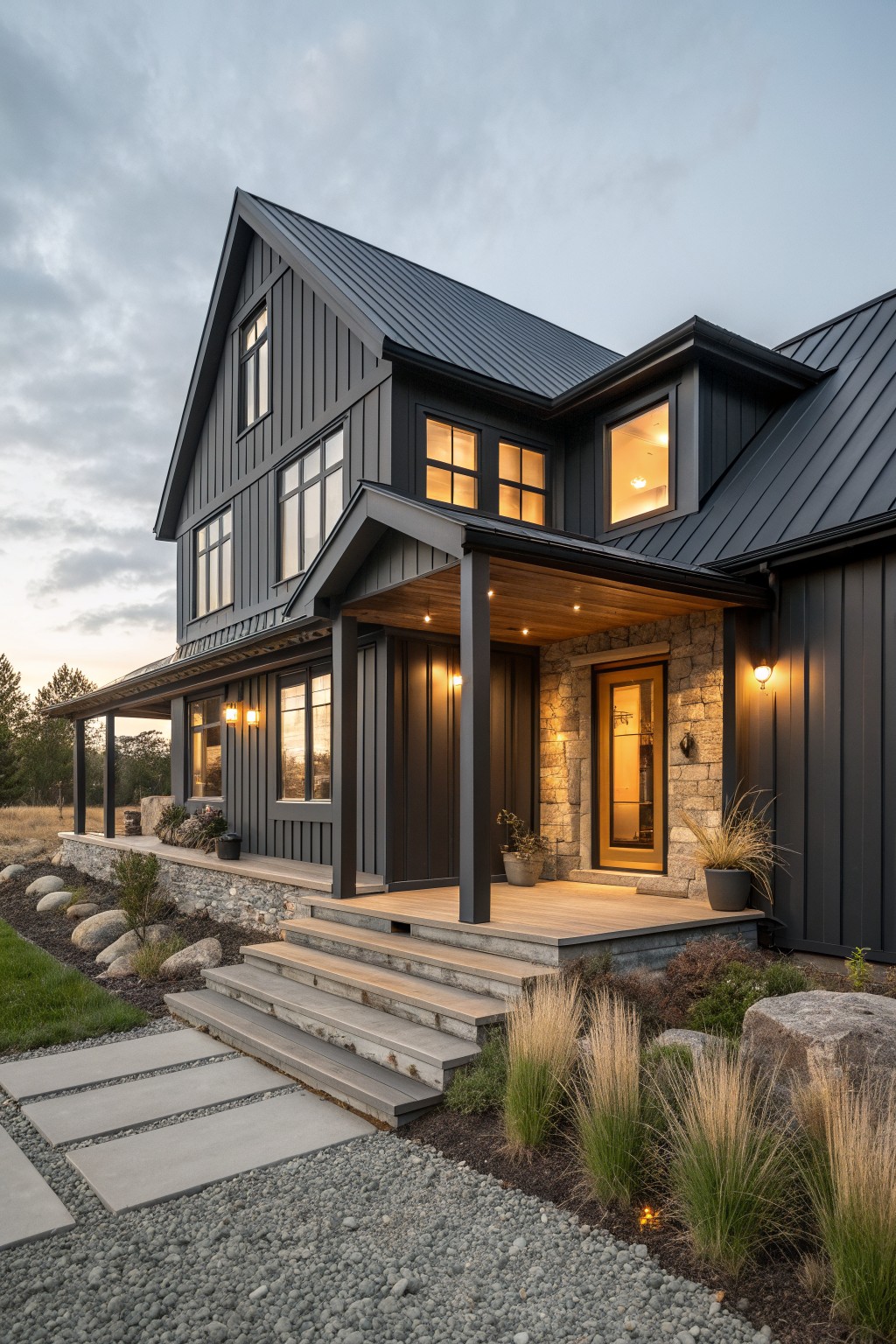 A two-story modern farmhouse with dark siding, a metal roof, stone accents on the porch, and a gravel path leading to wooden steps.