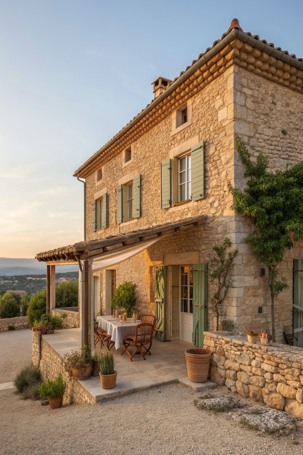 Stone farmhouse with green shutters, a fabric awning over a patio dining table, and potted plants along the terrace.