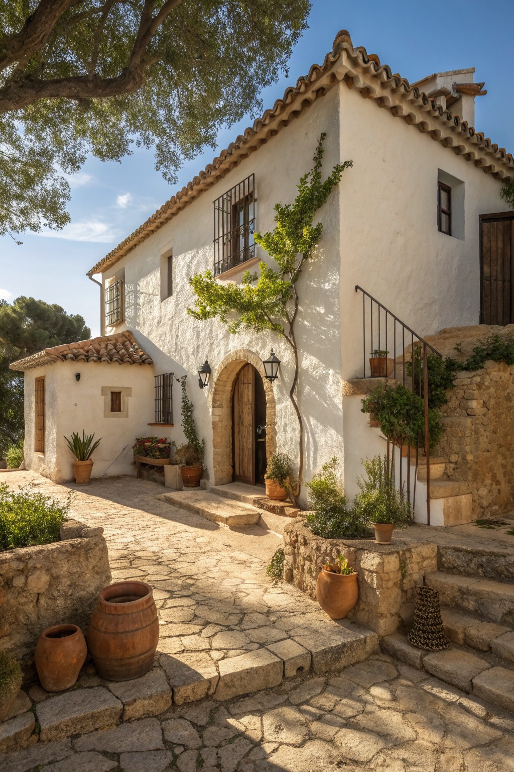 Whitewashed Mediterranean house with arched door, stone steps, terracotta pots, and climbing vines.