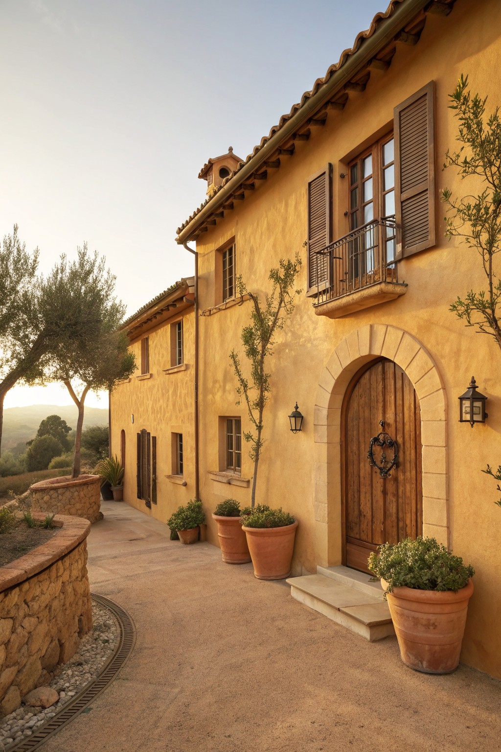 Yellow stucco Mediterranean house with arched wooden door, balcony, and terracotta pots.
