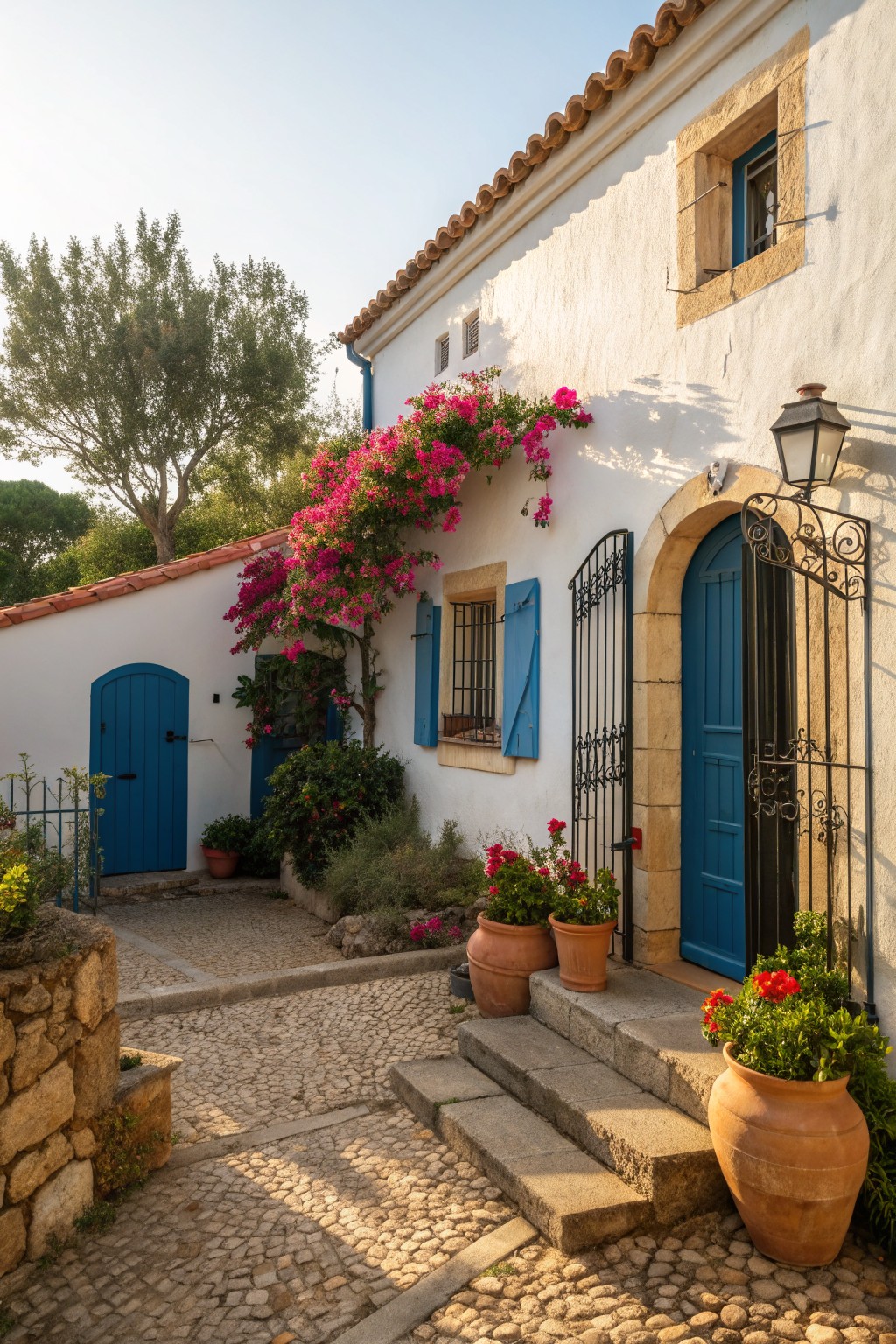 A white stucco farmhouse exterior with bright blue doors and shutters, pink bougainvillea on the wall, terracotta pots, and a cobblestone path leading to an arched entry.