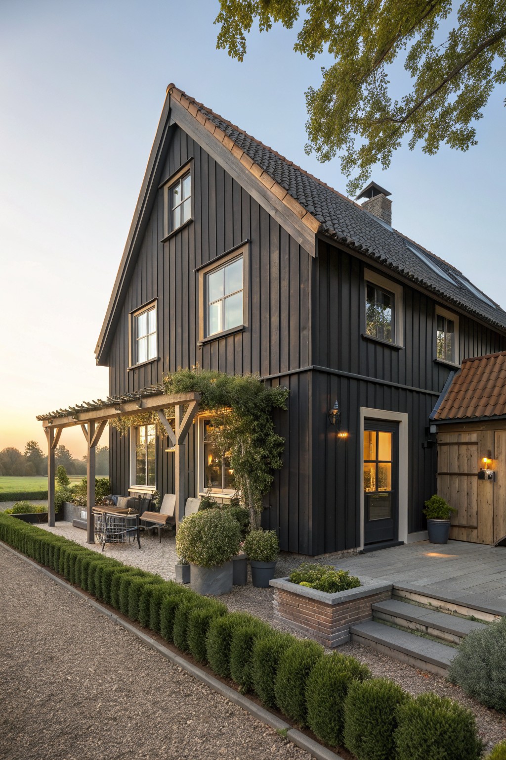 A dark wooden European farmhouse with a steep gabled roof, multiple windows, and a front entrance with surrounding plants and a gravel path.