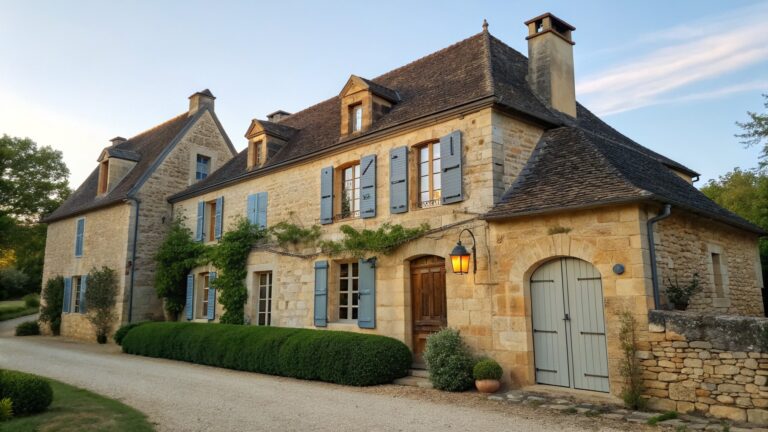 Stone house with blue shutters and ivy along a winding dirt road at dusk