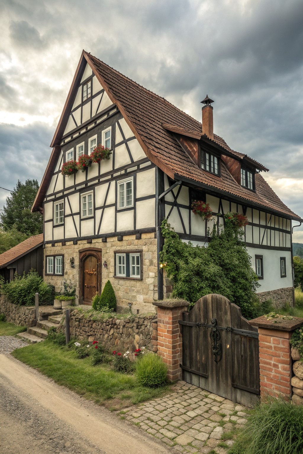 A half-timbered European farmhouse with white plaster infill, dark wood framing, a stone foundation, and a steep tiled roof viewed from a cobblestone path.