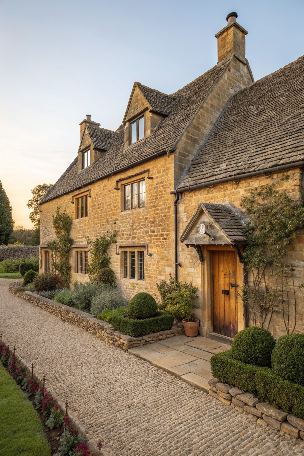 Stone farmhouse exterior featuring a wooden front door beneath a small pitched canopy, with a cobblestone path leading to the entrance.