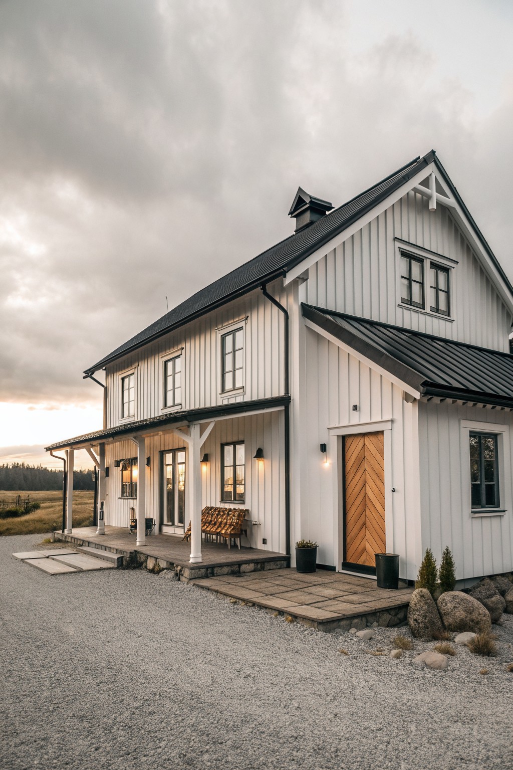 A white two-story farmhouse exterior with vertical siding, black roof trim, and a large wooden front door with a chevron pattern set under a covered porch.