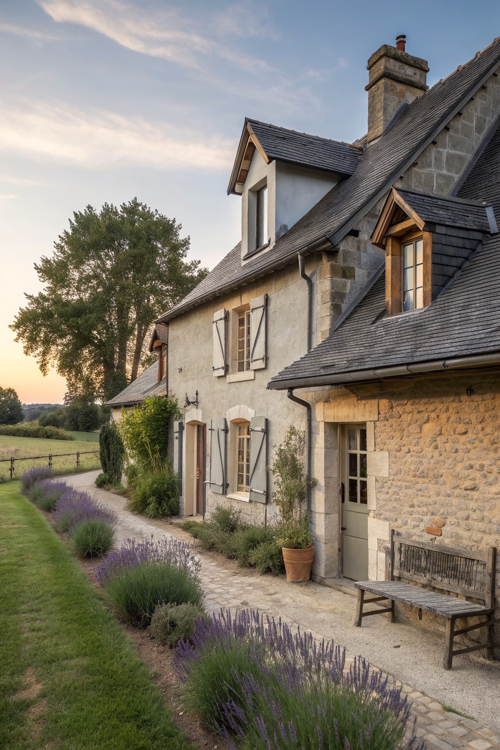 A stone and plaster European farmhouse exterior with shuttered windows, a slate roof, and a lavender-lined gravel path beside a wooden bench.