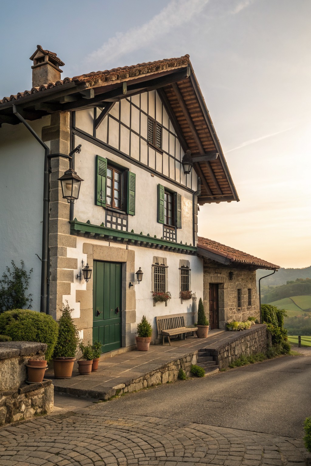 A two-story European farmhouse exterior showing white plaster walls, dark timber framing, green shutters and door, and a stone base beside a paved road.