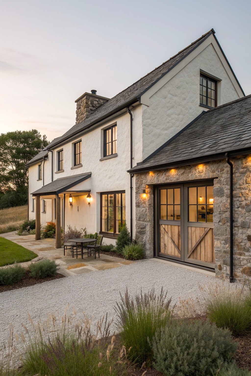 White and stone house with slate roof, lit windows, patio, and gravel driveway at dusk.