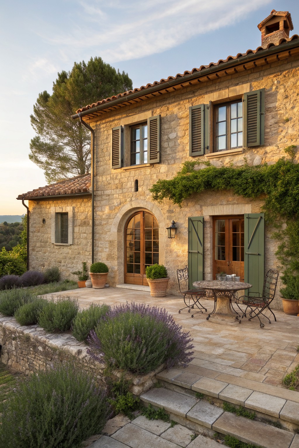 A stone farmhouse exterior with green shutters on multiple windows, an arched wooden door, and a stone patio with a table and chairs.