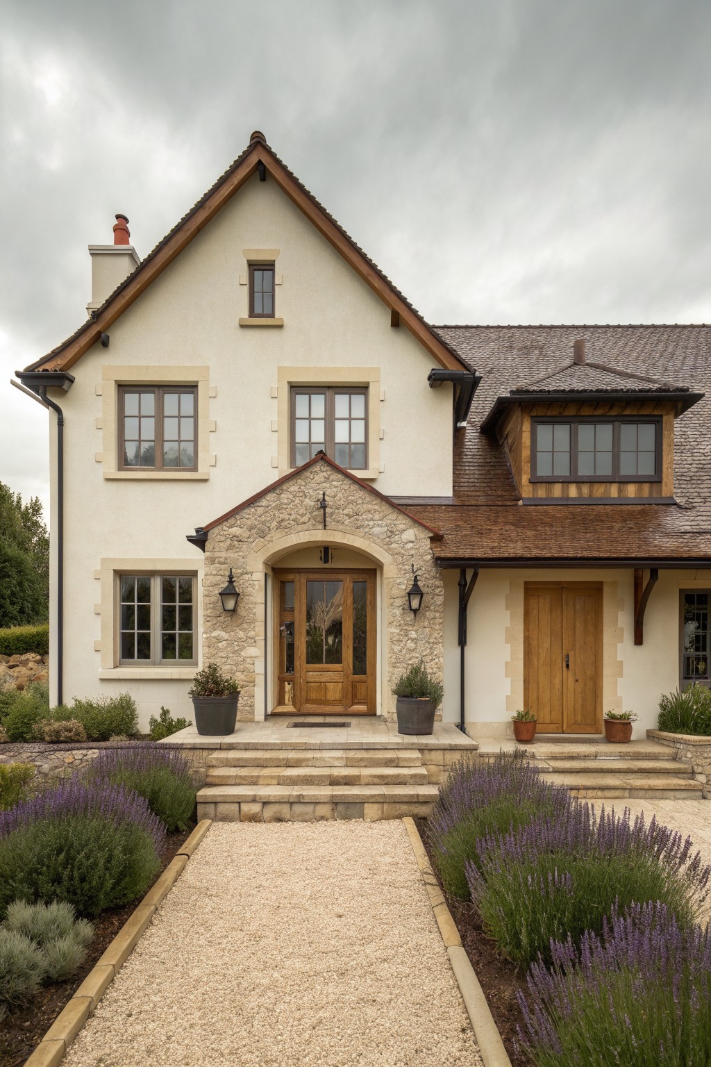 Elegant cream house with stone arch entry, wooden doors, and lavender-lined gravel path.
