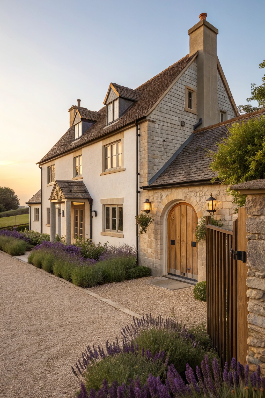 A two-story European farmhouse exterior with white walls, a slate roof, and a central arched stone entry featuring a wooden door, flanked by lanterns and bordered by lavender plantings along a gravel path.