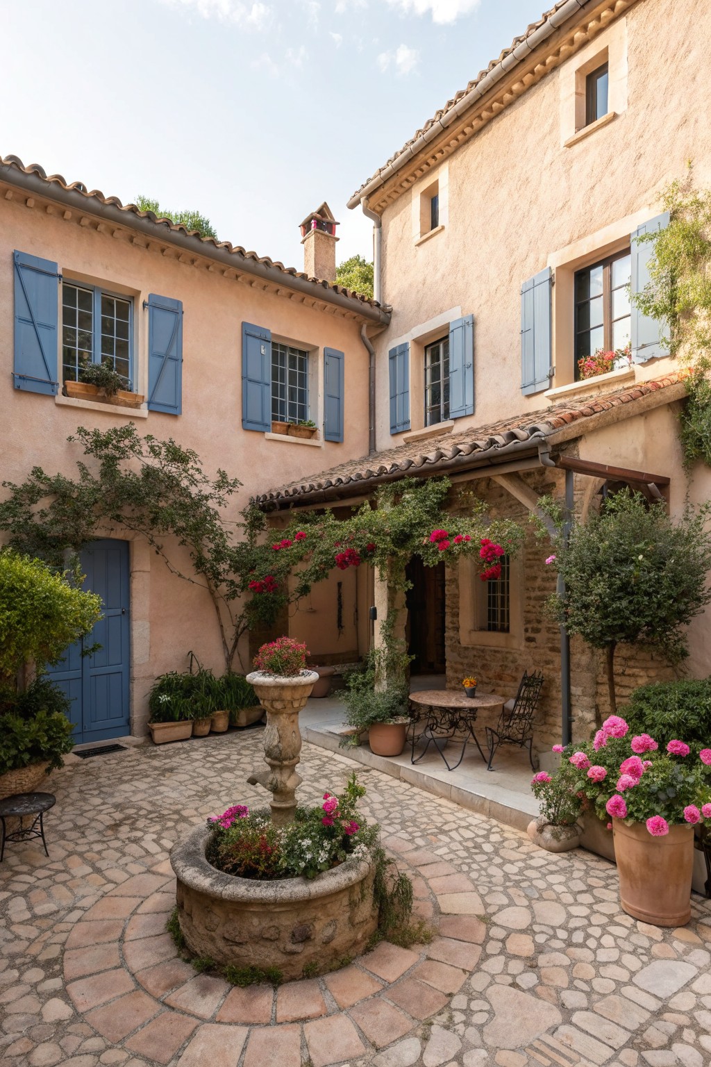 Charming Mediterranean courtyard with stone fountain, blue shutters, and pink flowers.
