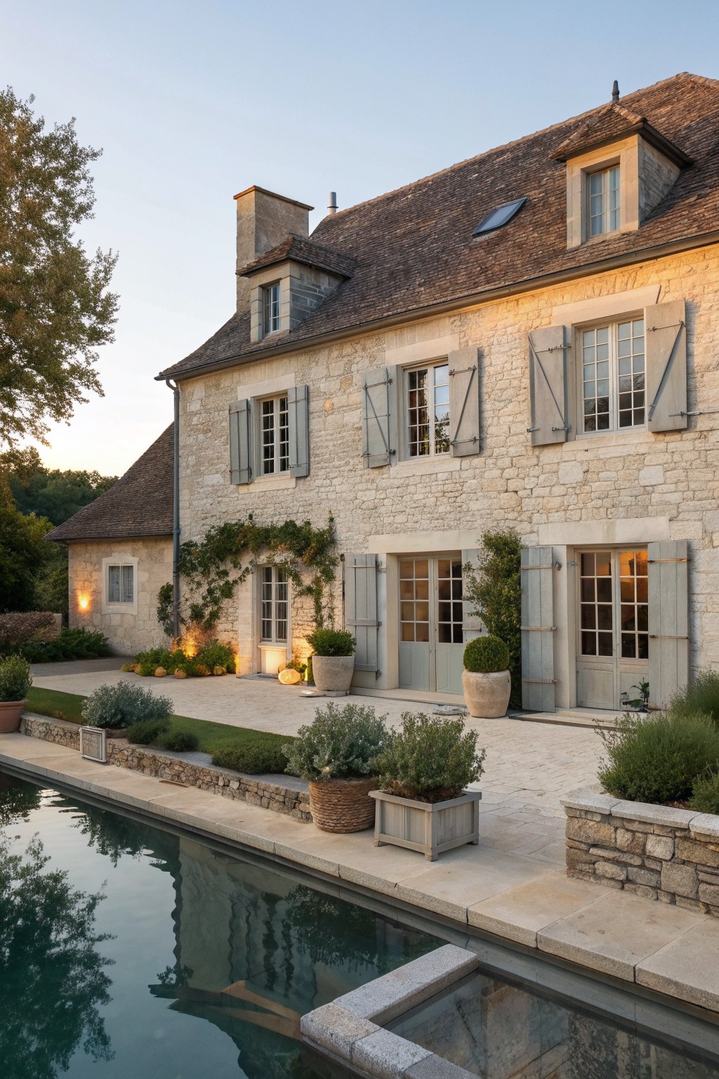 A large stone house with a brown tiled roof, gray shutters on the windows, and a long reflecting pool in the foreground.