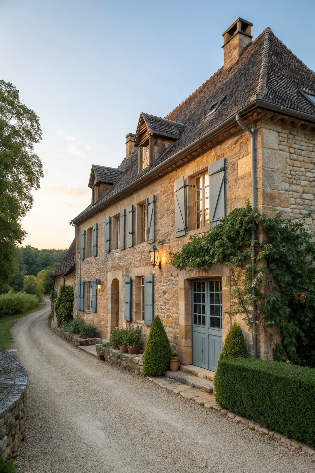 Stone house with blue shutters and ivy along a winding dirt road at dusk