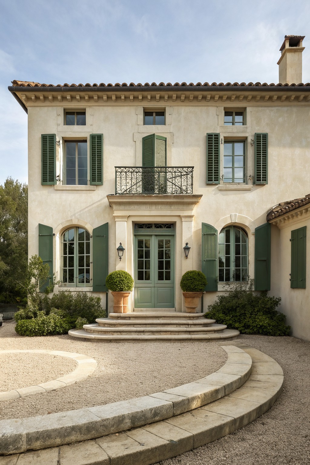 A two-story light stucco house with green shutters on multiple windows, a centered green double door entry with stone steps, potted shrubs on either side, and a small balcony with metal railing above the door.