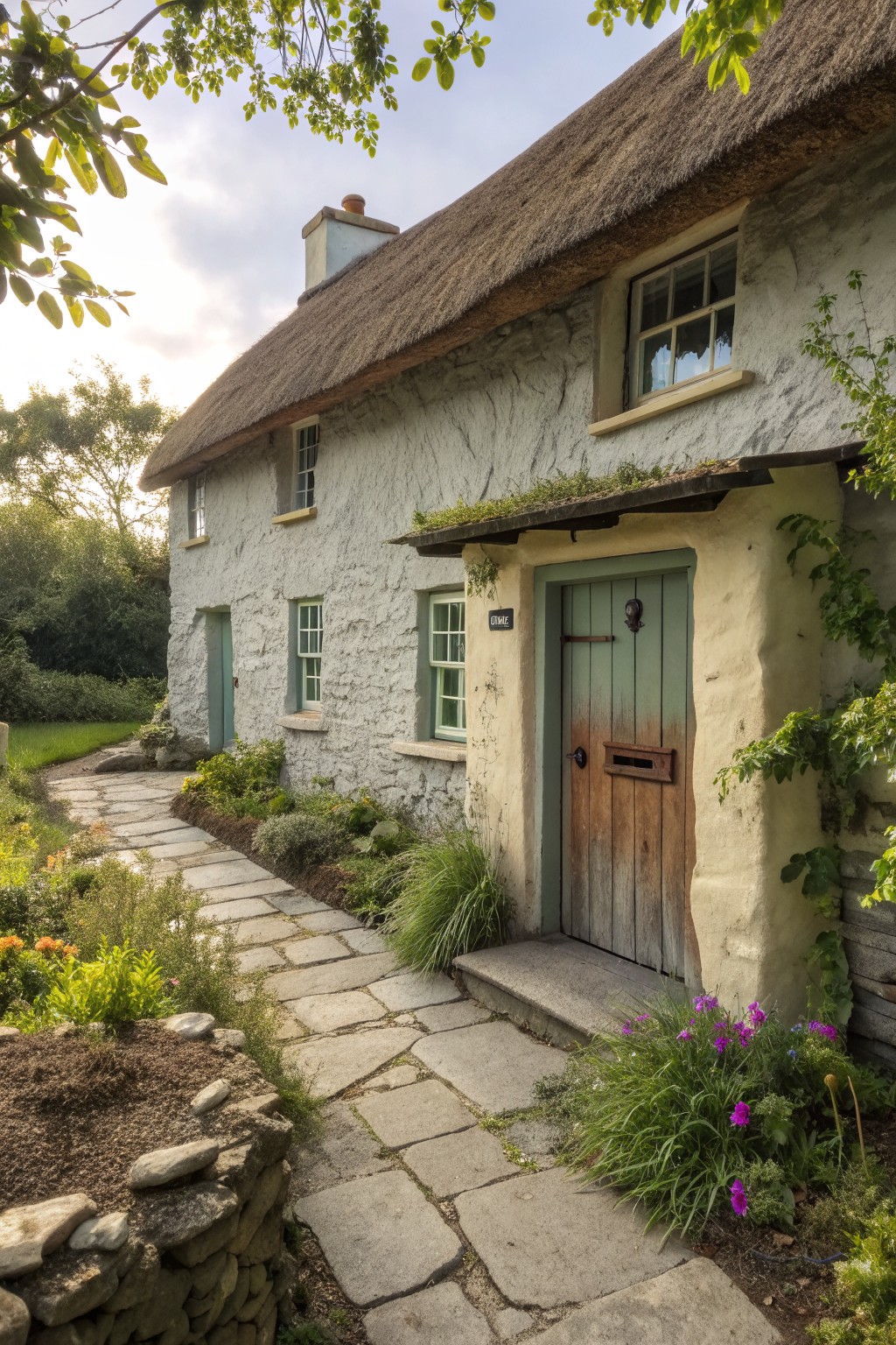 A whitewashed cottage with a thatched roof, a weathered wooden door with green trim, and a stone pathway leading to the entrance.