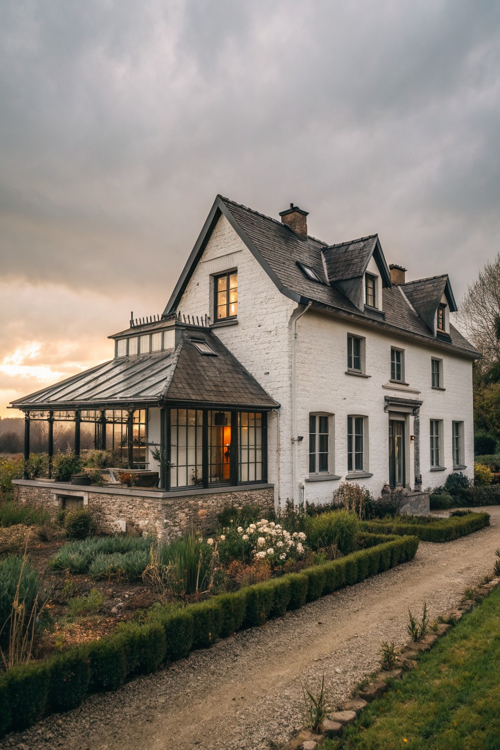 A white brick European farmhouse with a dark slate roof, multiple gables, and a large attached glass conservatory, set beside a gravel path and garden beds.
